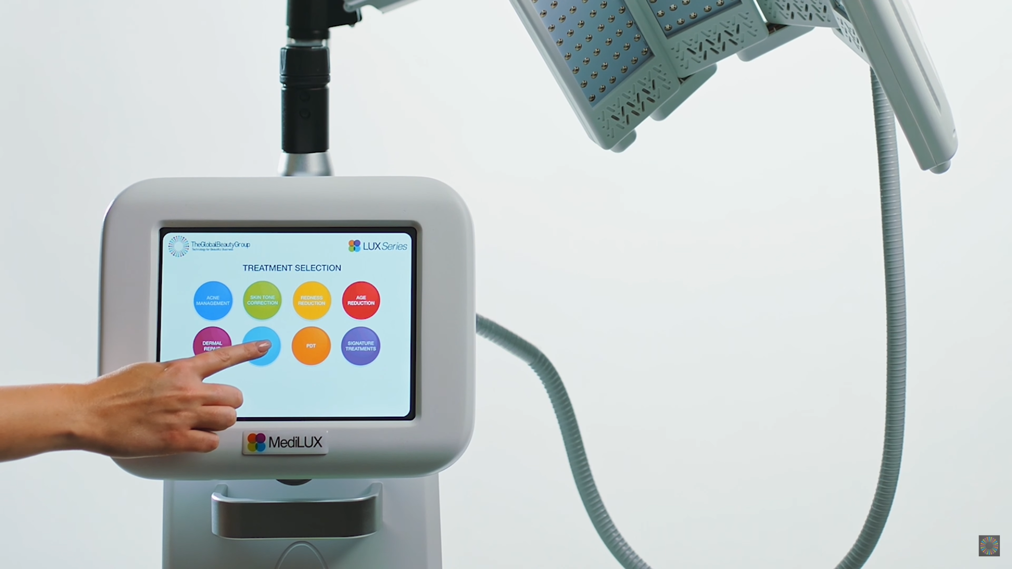 Clinician programming professional LED device with 5 LED wavelengths to target a wide range of skin concerns and client objectives.